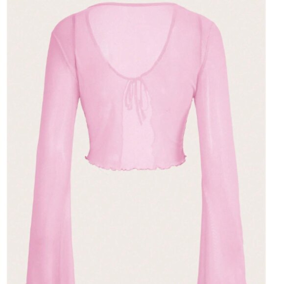 Women's Sheer Shrug Crop Top Long Sleeve Tie Front Lettuce Trim Mesh Open top L - Picture 2 of 3